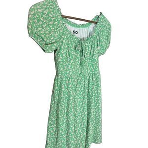 Milkmaid wench Dress Green Floral Tie‎ Short Sleeves Size XS Babydoll Boho